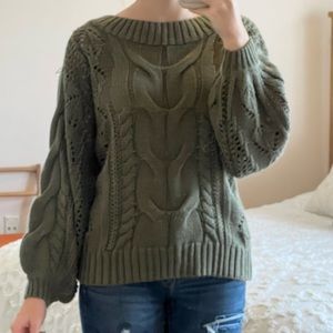 Olive green cable knit sweater. Balloon sleeve